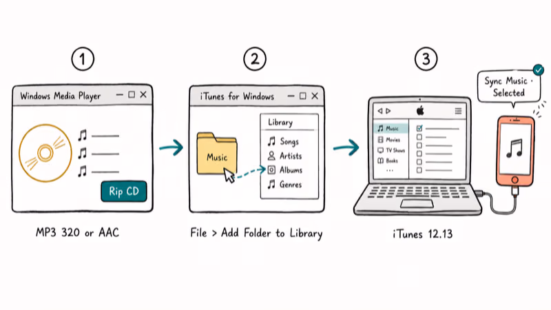Three-step flowchart showing Windows Media Player ripping then iTunes adding folder then iPhone sync