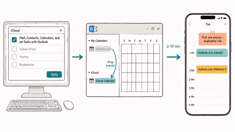 iCloud for Windows control panel sending desktop Outlook events to iPhone calendar