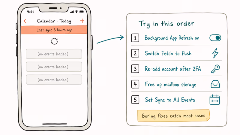 Five common Outlook calendar sync fixes shown as numbered iPhone troubleshooting checklist