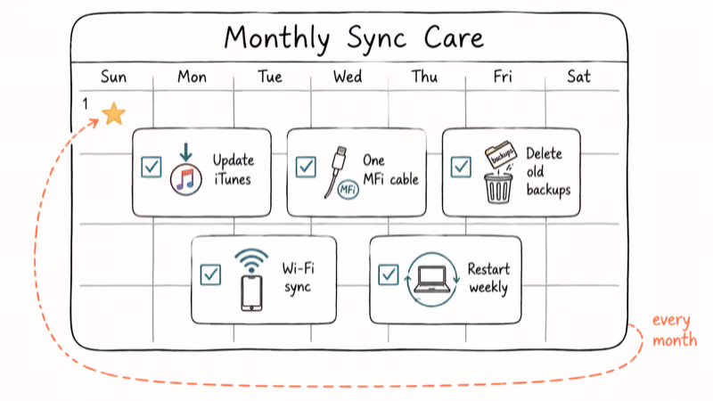Hand-drawn monthly calendar with five iTunes sync maintenance task cards and checkboxes