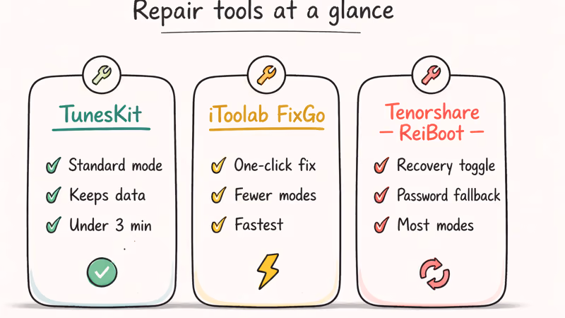 Hand-drawn comparison columns showing TunesKit iToolab and Tenorshare iTunes repair tool features