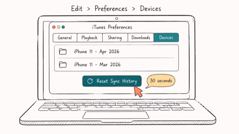 Hand-drawn iTunes Preferences Devices panel highlighting the Reset Sync History button with cursor