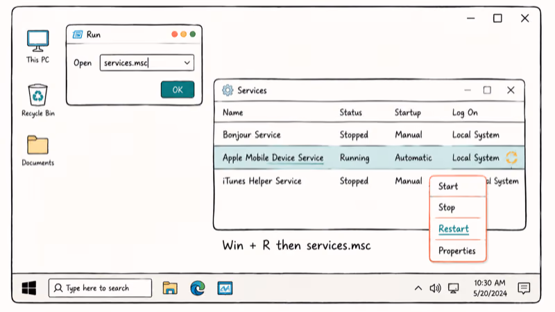 Hand-drawn Windows Services panel showing Apple Mobile Device Service restart context menu