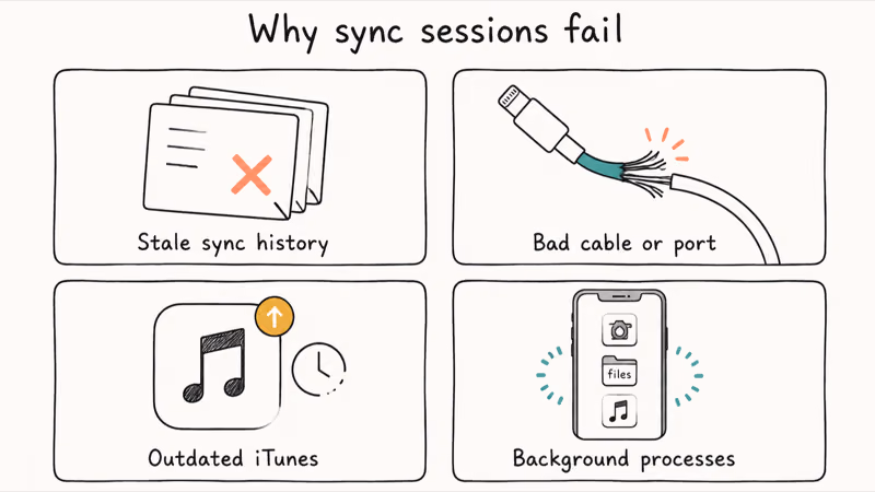 Hand-drawn quadrant diagram showing four iTunes sync error causes including stale history and bad cable