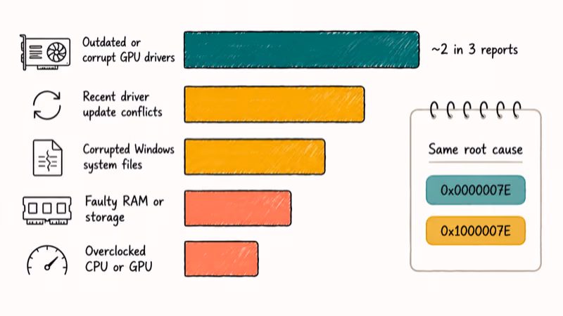 Weighted bar diagram showing five System Thread Exception Not Handled causes ranked from GPU driver to overclocking.