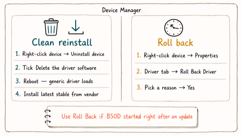 Two column comparison of Device Manager driver clean reinstall versus roll back steps with decision footnote.