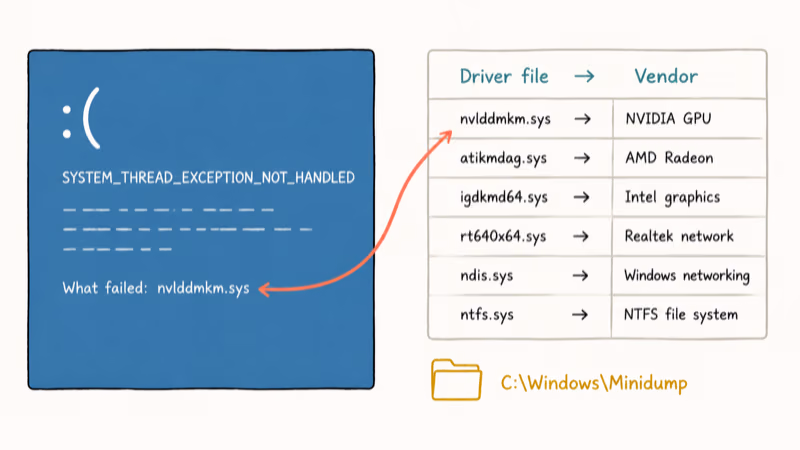 Blue screen of death screenshot with arrow pointing to driver filename and a vendor lookup table beside it.