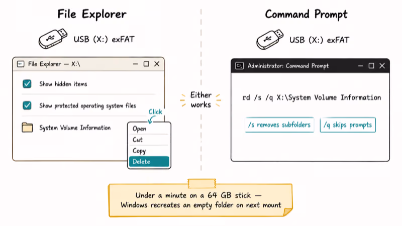 Hand-drawn File Explorer delete versus elevated Command Prompt rd command for removing the folder on USB drives