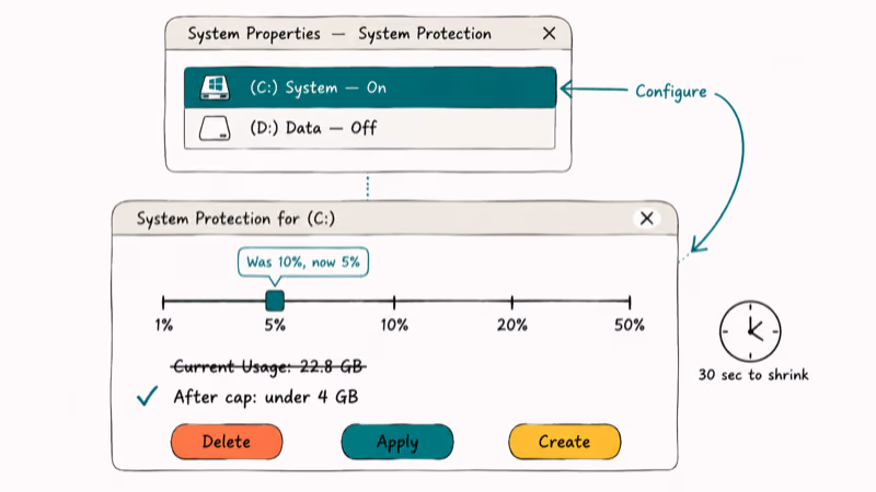 Hand-drawn System Protection Configure dialog with the Max Usage slider lowered to five percent