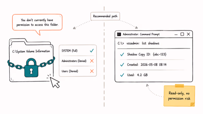 Hand-drawn diagram showing NTFS permission lock next to the vssadmin list shadows alternative path