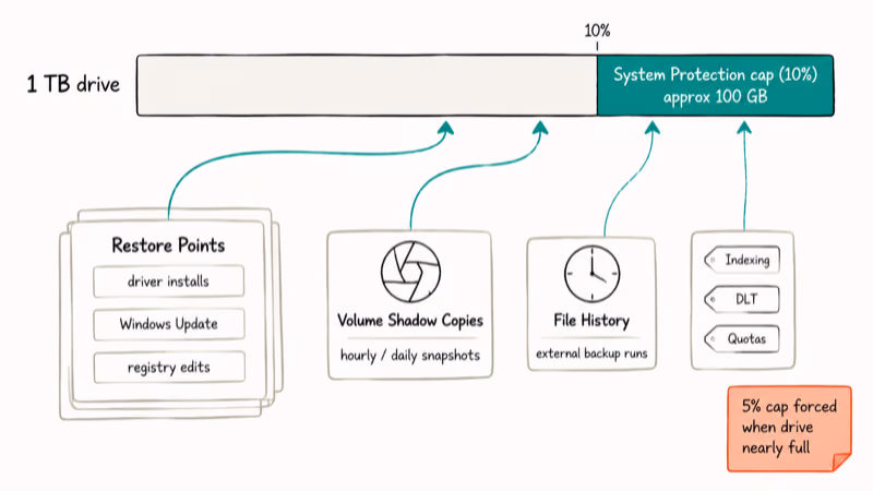 Hand-drawn breakdown of what fills the System Volume Information folder on a 1 TB Windows drive
