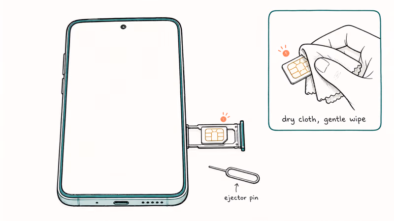 Hand-drawn top down view of an Android SIM tray ejected with cleaning step inset