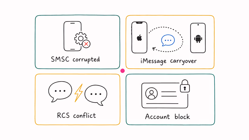 Four root causes of T-Mobile text delivery failures shown as labeled hand-drawn cards