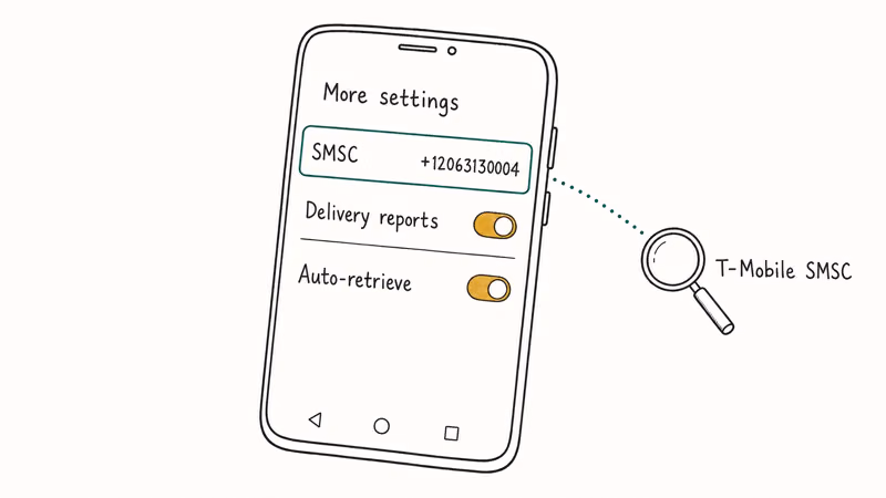 Android messaging app advanced settings highlighting the SMSC field set to T-Mobile number