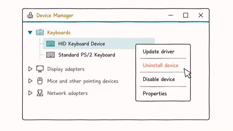 Sketch of Windows Device Manager with HID keyboard driver and Uninstall device option highlighted.