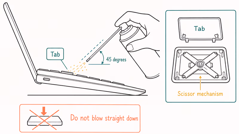 Illustration of compressed air being applied at a 45-degree angle to clean under a laptop Tab key.