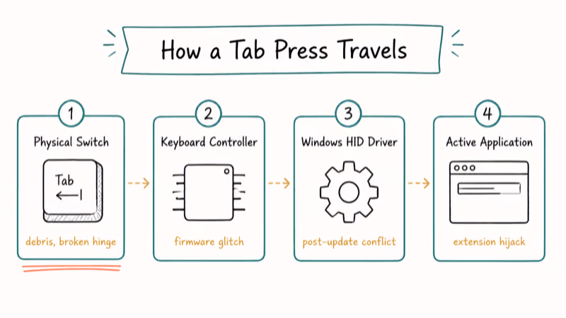 Diagram showing four layers a Tab keystroke travels through from switch to active application.