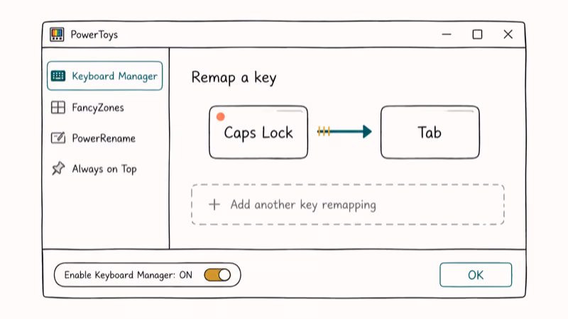 PowerToys Keyboard Manager window showing Caps Lock remapped to act as the Tab key.