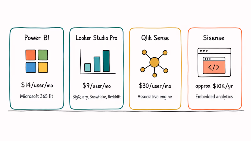 Hand-drawn lineup of Power BI Looker Qlik Sense and Sisense enterprise BI option cards