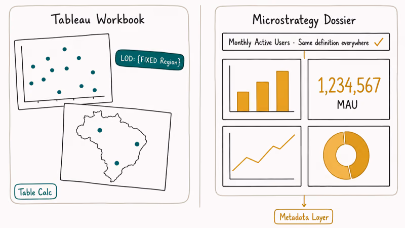 Hand-drawn split of Tableau exploratory canvas alongside Microstrategy structured dossier grid sharing one metric definition