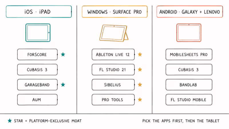 Three column map showing iOS Android and Windows music apps with platform exclusive markers