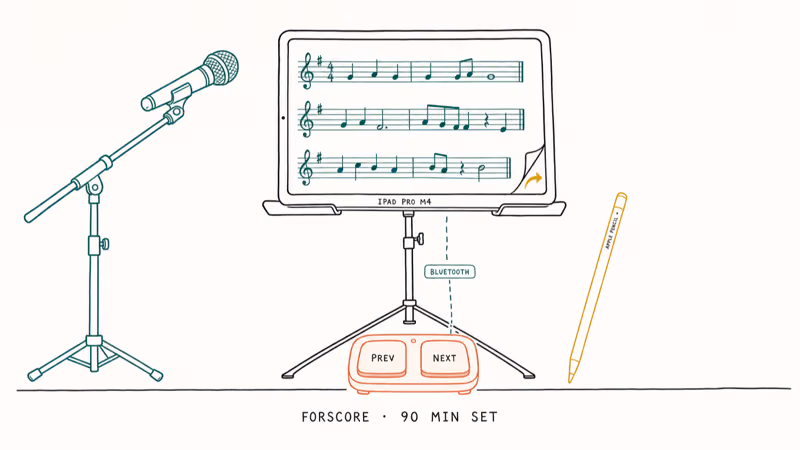 Hand drawn iPad Pro on music stand with forScore sheet music and Bluetooth foot pedal