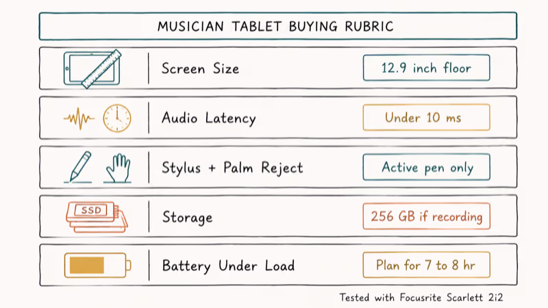 Hand drawn rubric checklist ranking five tablet specs that matter most for musicians