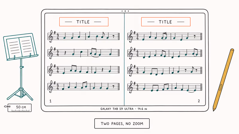 Galaxy Tab S9 Ultra showing two pages of orchestral sheet music readable side by side