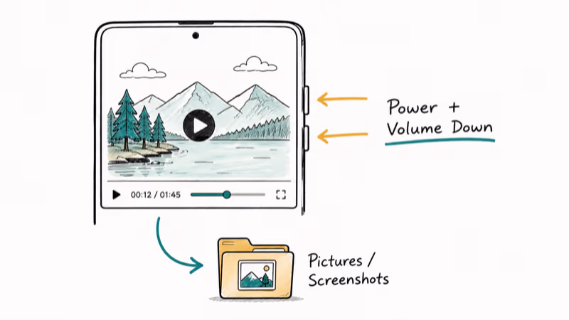 Hand-drawn Android phone with Power and Volume Down buttons highlighted plus screenshots folder.