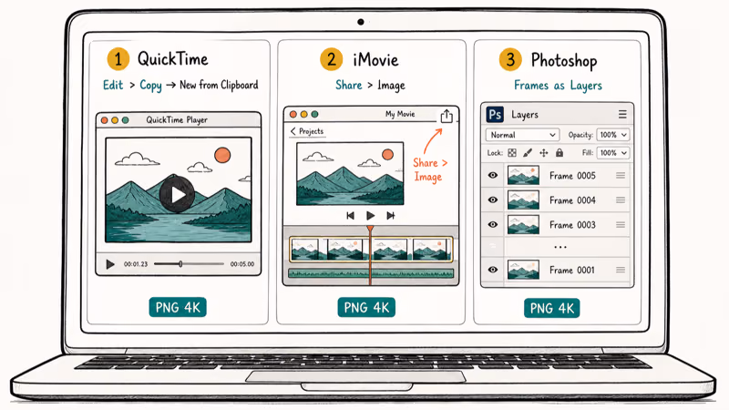 Hand-drawn Mac comparison card showing QuickTime, iMovie, and Photoshop frame export workflows.