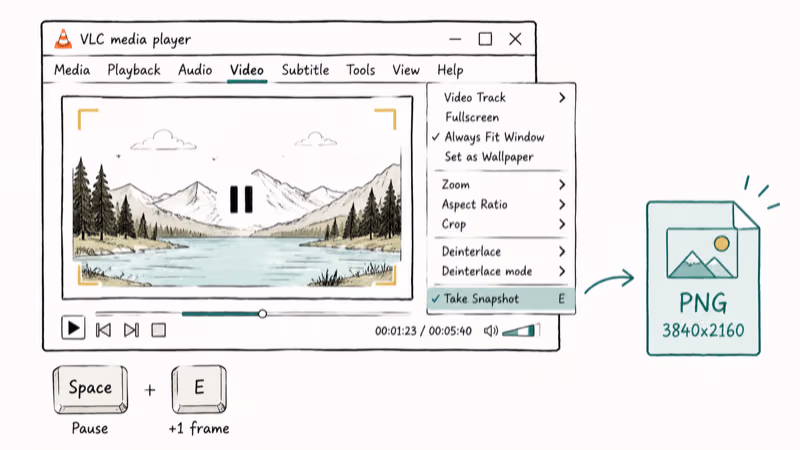 Hand-drawn VLC window showing frame-by-frame stepping shortcuts and Take Snapshot menu export.