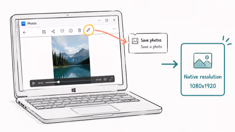 Hand-drawn Windows laptop showing Microsoft Photos Save a photo workflow with native resolution output.