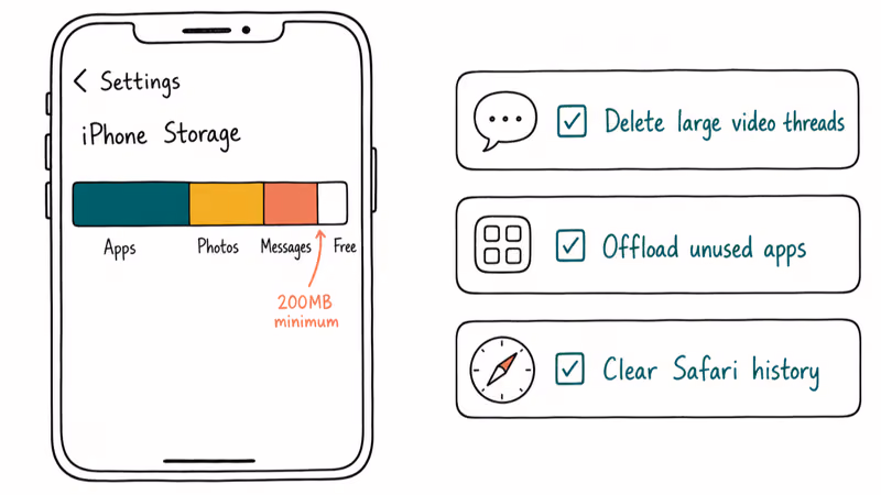 Hand-drawn iPhone Storage bar with 200MB minimum marker and three cleanup action cards stacked.