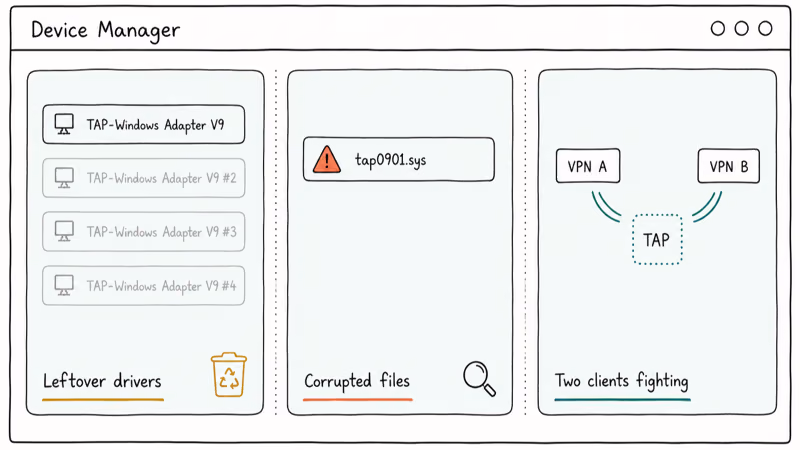 Hand-drawn cards showing three TAP-Windows failure patterns: leftover drivers, corrupted files, conflicting VPN clients.