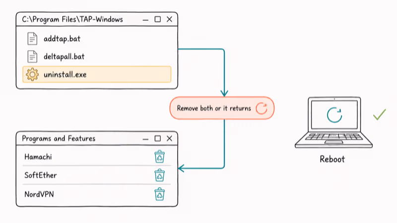 Hand-drawn cleanup flow showing TAP uninstaller and Programs and Features removing every VPN client before reboot.