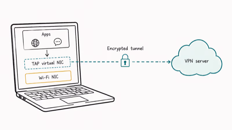 Hand-drawn diagram showing TAP-Windows virtual adapter routing application traffic through an encrypted VPN tunnel.