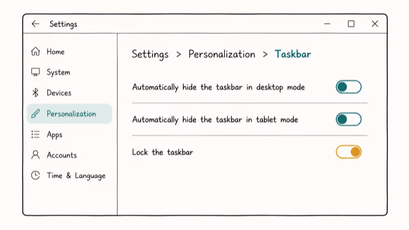 Windows 10 Settings panel showing taskbar auto-hide toggles switched off and lock taskbar on.