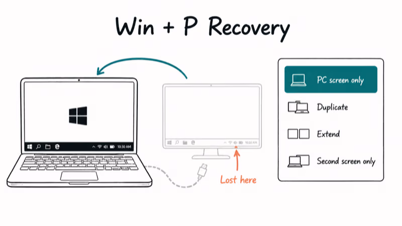 Diagram of Win+P projection panel recovering taskbar from a disconnected external monitor.