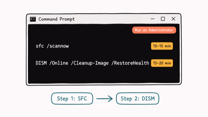 Command Prompt showing sfc scannow and DISM RestoreHealth commands with order and timing labels.