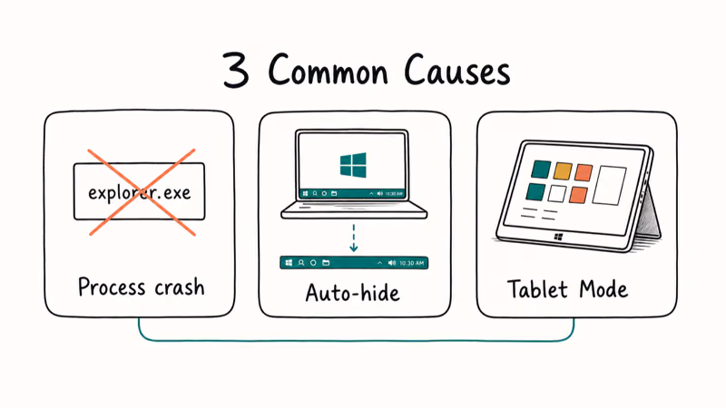 Infographic showing three Windows 10 taskbar disappearance causes: Explorer crash, auto-hide, Tablet Mode.