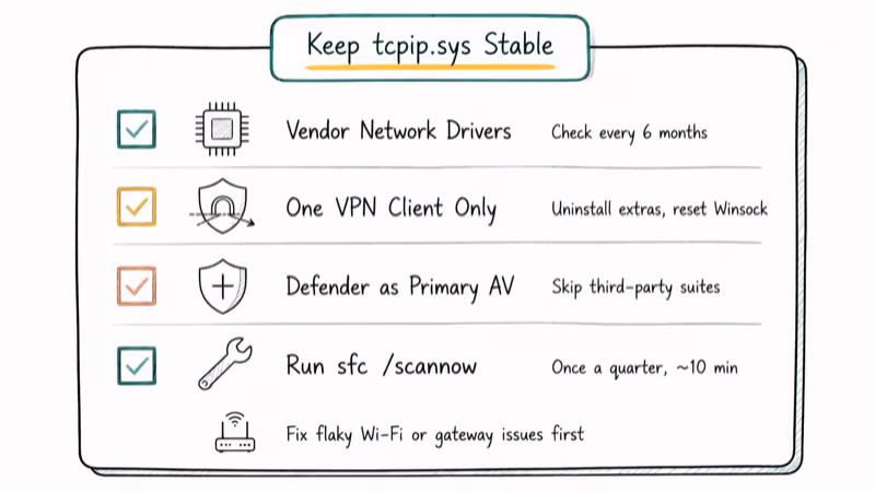 Notebook checklist with four prevention habits to keep the Windows tcpip.sys driver stable long term