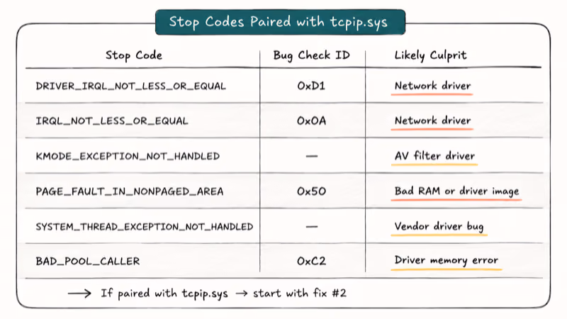 Three-column reference table mapping Windows stop codes to bug check IDs and likely culprits behind tcpip.sys