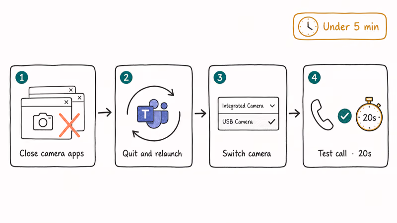Numbered four step Teams quick check flow closing apps relaunching switching camera and test call.