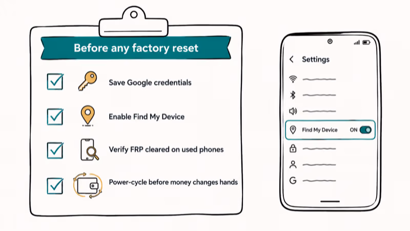 Checklist illustration showing four steps to prevent FRP lockout on Android phones.