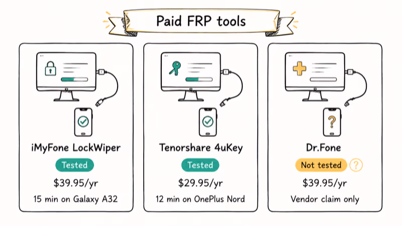 Comparison chart of three paid FRP bypass tools with prices and Android coverage.