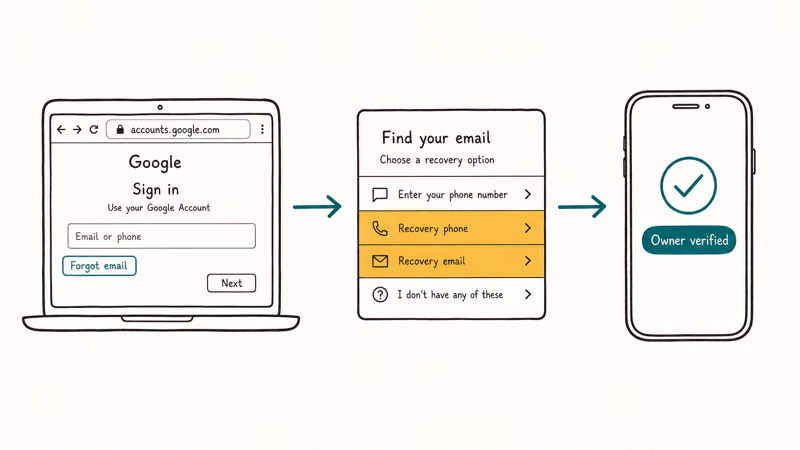 Hand-drawn three-step Google Account owner recovery flow including recovery options and verified phone state.