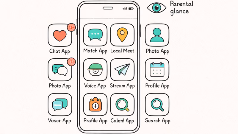 Phone home screen grid of generic dating chat app icons with age rating badges and a small parental