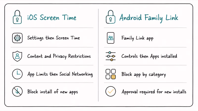 Two column comparison of iOS Screen Time and Android Family Link steps for blocking dating apps on a