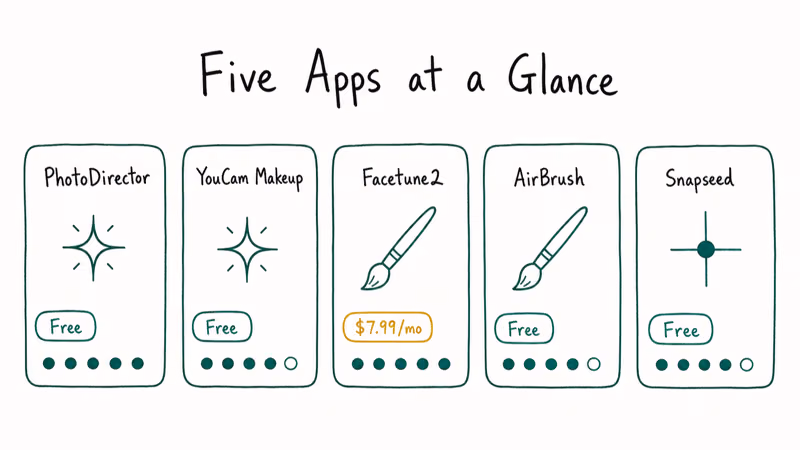 Hand-drawn comparison grid of five teeth whitening apps with free or paid labels