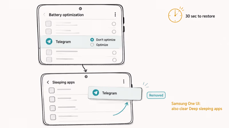 Android settings screens highlighting Telegram battery optimization off and removal from sleeping apps list.
